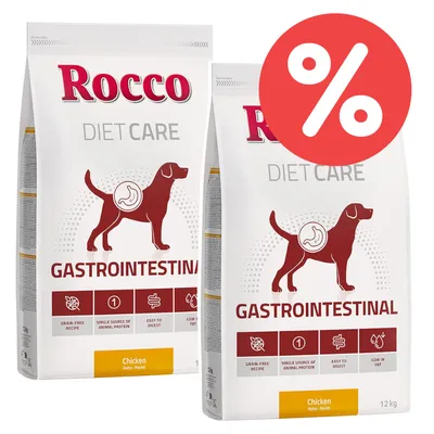 Rocco Diet Care Gastrointestinal comida para perros, sin cereales, fácil de digerir, con pollo, 12 kg. Símbolo de descuento visible.