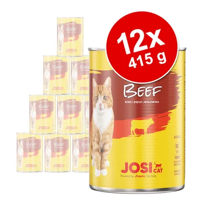 JosiCat Beef, 12×415 g konzervy. Na etiketě obrázek kočky, text: BEEF, RIND | BOEUF | WOŁOWINA, JosiCat Powered by Josera Germany, 100% climate neutral, made in Germany.