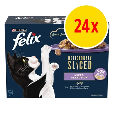 Box of 24 Felix Deliciously Sliced Mixed Selection in jelly, with chunks rich in beef, chicken, salmon and tuna, 90% animal proteins, no colourants. Box of 24 Felix Deliciously Sliced Mixed Selection in jelly, with chunks rich in beef, chicken, salmon and tuna, 90% animal proteins, no colourants.