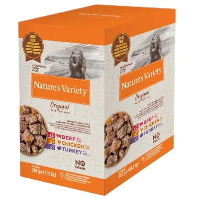 Nature's Variety Original Pâté pro střední a velké psy. Druhy: 2x hovězí, 1x kuřecí, 1x krůtí. Bez obilovin. Balení: 300g x 4 (1,2kg).
