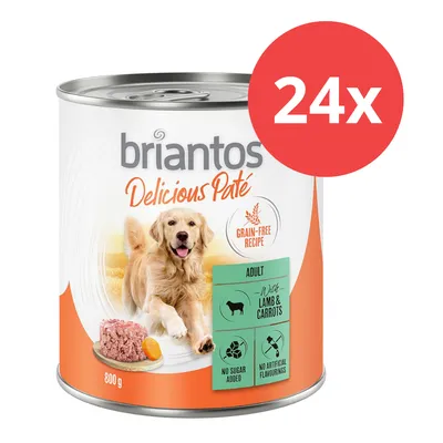 Briantos Delicious Paté, Adult, mit Lamm und Karotten, getreidefreie Rezeptur, ohne Zuckerzusatz, keine künstlichen Aromen, 800 g, Packung mit 24 Dosen. Briantos Delicious Paté, Adult, mit Lamm und Karotten, getreidefreie Rezeptur, ohne Zuckerzusatz, keine künstlichen Aromen, 800 g, Packung mit 24 Dosen.