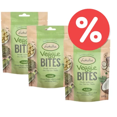 Lukullus Veggie Bites Adult, Kartoffelflocken mit Kokosnuss und Mungbohnen, 100g. Rabatt-Symbol sichtbar. Lukullus Veggie Bites Adult, Kartoffelflocken mit Kokosnuss und Mungbohnen, 100g. Rabatt-Symbol sichtbar.