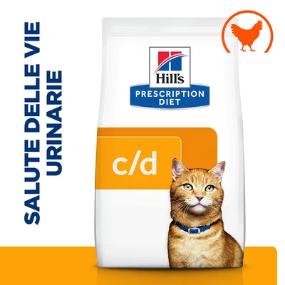 Confezione Hill's Prescription Diet c/d per gatti, testo visibile: SALUTE DELLE VIE URINARIE, simbolo arancione di pollo in alto a destra. Confezione Hill's Prescription Diet c/d per gatti, testo visibile: SALUTE DELLE VIE URINARIE, simbolo arancione di pollo in alto a destra.