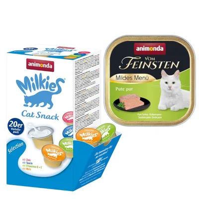 animonda Kombi-Paket: 12 x 100 g Vom Feinsten + 20 x 15 g Milkies Selection - Adult Mildes Menü: Pute pur + Milkies Snack (4 Sorten)