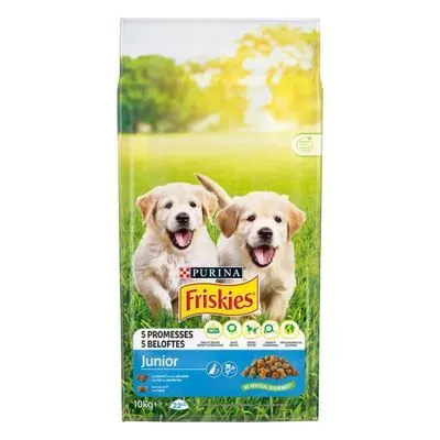 Purina Friskies Junior hondenvoer, 10 kg zak. Tekst: 5 beloftes, Junior, nutrition croquettes. Afbeelding van twee puppy’s en brokjes op de verpakking.