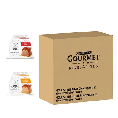 Purina Gourmet Revelations. Mousse med nötkött och mousse med kyckling, täckt med en sås. Förpackningen visar produktvarianter.