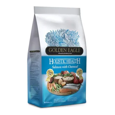 Golden Eagle Holistic Health Salmone con avena. Contiene DHA, EPA, ingredienti naturali e alimentazione equilibrata. Immagine di salmone, verdure e fiocchi d'avena sulla confezione.
