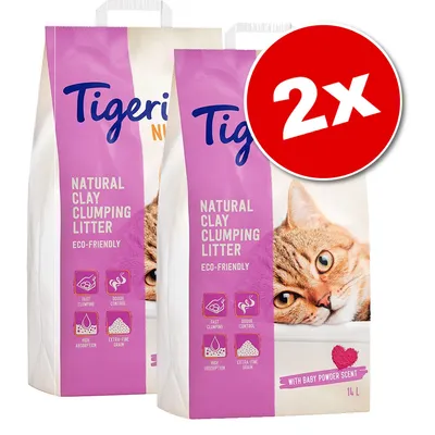 Lot de 2 sacs Tigerino Natural Clay Clumping Litter, litière agglomérante éco-responsable, parfum baby powder, 14 L. Texte visible : fast clumping, odour control, high absorption, extra-fine grain.