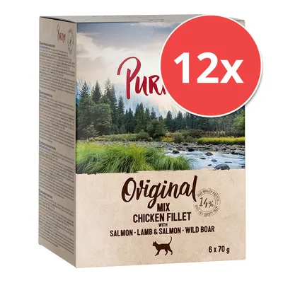 Purizon Original Mix Chicken Fillet mit Lachs, Lamm, Wildschwein. Packung mit 6 x 70 g. Hinweis: 12-fache Menge sichtbar.