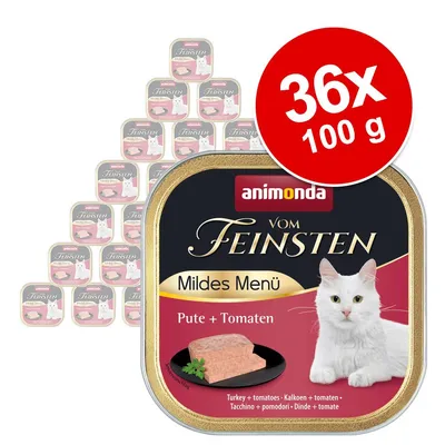 animonda Vom Feinsten Mildes Menü Pute + Tomaten, lot de 36 barquettes 100 g, dinde et tomates, image d’un chat blanc sur l’emballage