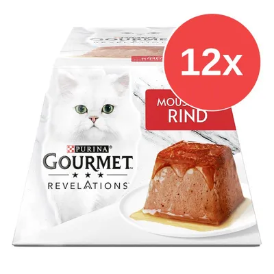 PURINA GOURMET REVELATIONS, Mousse Rind, balení 12x. Na obalu bílá kočka a porce masové pěny na talíři. PURINA GOURMET REVELATIONS, Mousse Rind, balení 12x. Na obalu bílá kočka a porce masové pěny na talíři.