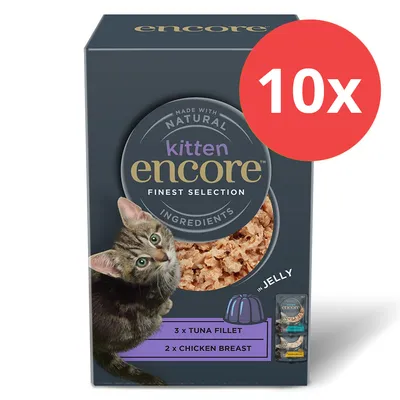 Encore Kitten Finest Selection, 10x Portionsbeutel in Jelly. Zutaten: 3x Thunfischfilet, 2x Hähnchenbrust. Made with Natural Ingredients.