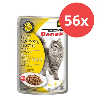 Super Benek, 56 filets juteux en sauce à la dinde, sans arômes artificiels, 82 % de viande, pour chats. Super Benek, 56 filets juteux en sauce à la dinde, sans arômes artificiels, 82 % de viande, pour chats.