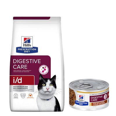 Croquettes Hill's Prescription Diet 3/8 kg + boîtes 6 x 82 g offertes ! i/d Digestive Care poulet (8 kg) + i/d Digestive Care Mijoté poulet, légumes (6 x 82 g)