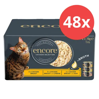 Encore Chicken Selection, 48x70g Dosen: 3x Hähnchenbrust, 3x Hähnchenbrust mit Käse, 2x Hähnchenbrust mit Schinken. 100% natürliche Zutaten in Brühe. Encore Chicken Selection, 48x70g Dosen: 3x Hähnchenbrust, 3x Hähnchenbrust mit Käse, 2x Hähnchenbrust mit Schinken. 100% natürliche Zutaten in Brühe.