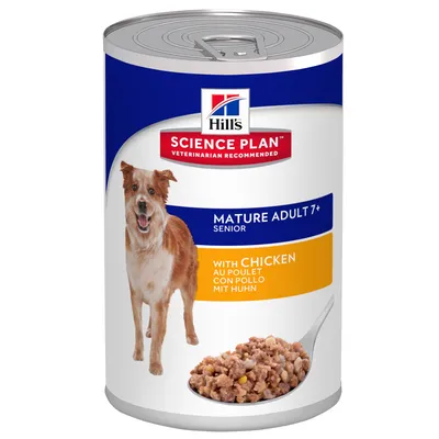 Κονσέρβα Hill's Science Plan Mature Adult 7+ Senior with Chicken. Εικόνα σκύλου και τροφής σε κουτάλι στην ετικέτα. Ορατό κείμενο: VETERINARIAN RECOMMENDED.