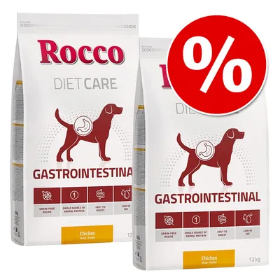 Rocco Diet Care Gastrointestinal dog food, chicken, 12kg bags. Visible icons: grain-free recipe, single animal protein, easy to digest, low in fat. Red percent discount symbol top right.