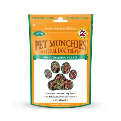 Pet Munchies natural dog treats, sushi training treats. Low fat, premium gourmet tasty bites, no artificial colours or flavours, oven baked. White fish and chicken breast.