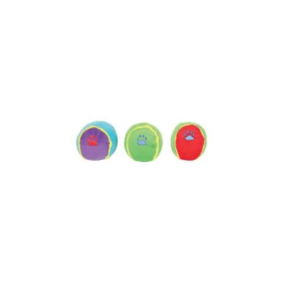 Tre palline colorate in tessuto con impronta di zampa visibile al centro, una viola e azzurra, una verde e una rossa, tutte con bordo giallo.