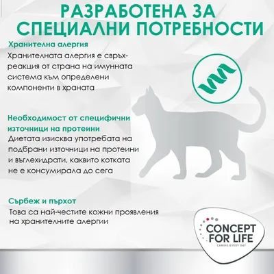 Concept for Life: Разработен за специални нужди. Информация за хранителни алергии, необходимост от специални източници на протеин и чести симптоми като сърбеж и пърхот.