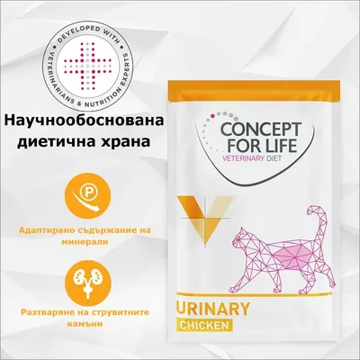 CONCEPT FOR LIFE Veterinary Diet Urinary Chicken, научно разработена диетична храна с адаптирано минерално съдържание за разтваряне на струвитни камъни. Разработена с експерти.