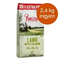 Purizon Lamb with Salmon kutyatáp, 14,4 kg. 20% extra free, 2,4 kg ingyen. 80% hús, 20% zöldség, 0% gabona. Adult dogs felirat látható a csomagoláson.