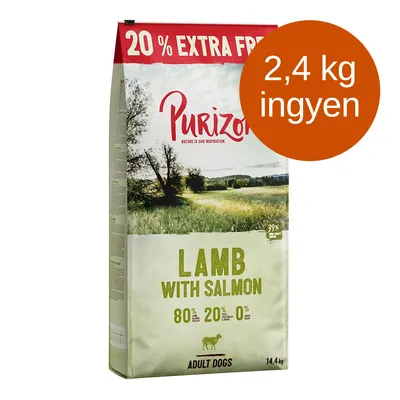 Purizon Lamb with Salmon kutyatáp, 14,4 kg. 20% extra free, 2,4 kg ingyen. 80% hús, 20% zöldség, 0% gabona. Adult dogs felirat látható a csomagoláson. Purizon Lamb with Salmon kutyatáp, 14,4 kg. 20% extra free, 2,4 kg ingyen. 80% hús, 20% zöldség, 0% gabona. Adult dogs felirat látható a csomagoláson.