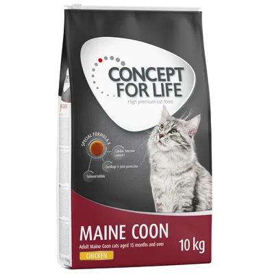 Concept for Life Maine Coon kattenvoer, 10 kg, met kip. Speciale formule: hartfunctie, gewrichtsbescherming, aangepaste brokken. Voor Maine Coon katten vanaf 15 maanden.