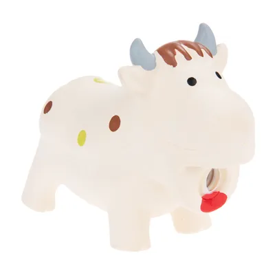 Hvidt hundelegetøj formet som en ko med blå horn, brune og gule pletter samt rød tunge. Synlig åbning foran i munden. Hvidt hundelegetøj formet som en ko med blå horn, brune og gule pletter samt rød tunge. Synlig åbning foran i munden.