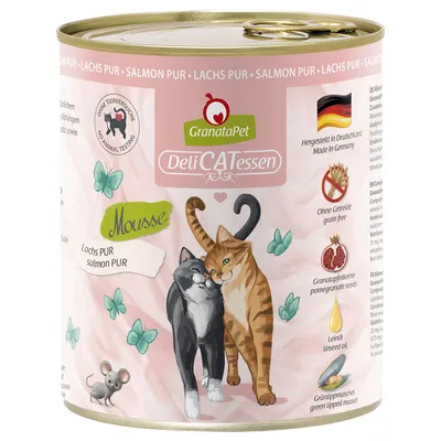 GranataPet DeliCATessen Mousse Lohi PUR. Valmistettu Saksassa, ei eläinkokeita, viljaton, sisältää granaattiomenansiemeniä, pellavaöljyä ja viherhuulisimpukkaa.
