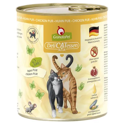 GranataPet DeliCATessen Huhn PUR paštéta. Bez testovania na zvieratách, bez obilnín, granátové jadrá, lososový olej, zelenoústa mušľa. Vyrobené v Nemecku.