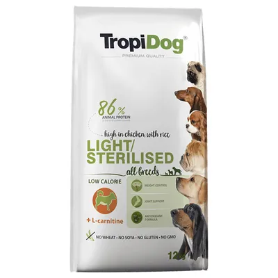 TropiDog Light/Sterilised храна за кучета, 86% животински протеин, с пиле и ориз, за всички породи. Ниско калорична, L-карнитин, контрол на теглото, подкрепа за ставите, антиоксиданти, 12 кг. TropiDog Light/Sterilised храна за кучета, 86% животински протеин, с пиле и ориз, за всички породи. Ниско калорична, L-карнитин, контрол на теглото, подкрепа за ставите, антиоксиданти, 12 кг.