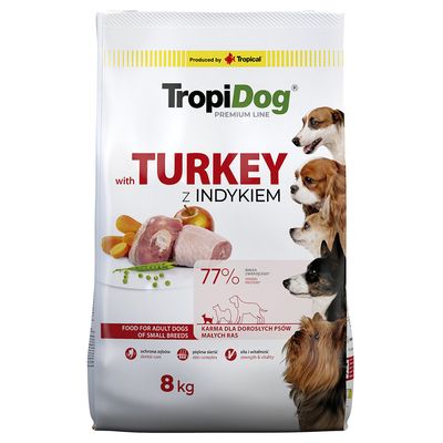 TropiDog Premium Quality Adult Small Breeds z indykiem i ryżem, 8 kg. Właściwości: pielęgnacja zębów, kompleks dla skóry, siła i witalność. Opakowanie przedstawia kilka małych ras psów.