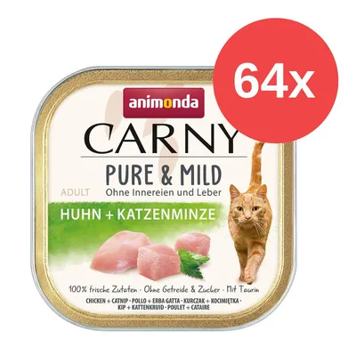 Animonda Carny Pure & Mild Adult, Huhn + Katzenminze, ohne Innereien und Leber, 100% frische Zutaten, ohne Getreide & Zucker, mit Taurin. Packung mit 64 Stück. Animonda Carny Pure & Mild Adult, Huhn + Katzenminze, ohne Innereien und Leber, 100% frische Zutaten, ohne Getreide & Zucker, mit Taurin. Packung mit 64 Stück.