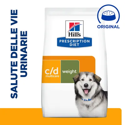 Hill's Prescription Diet c/d multicare weight, salute delle vie urinarie, confezione con immagine di cane e scritta ORIGINAL visibile in alto a destra.