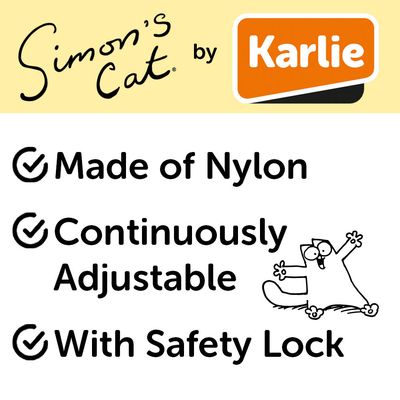 Collier pour chat gris avec motifs blancs, clochette argentée et fermoir marqué « Simon's Cat » visible sur l’étiquette.