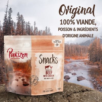 Purizon Snacks Beef with Chicken, 100 % viande, poisson et ingrédients d’origine animale, pour chiens adultes, sachet de 100 g. Texte en anglais sur l’emballage.