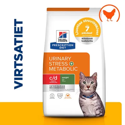 Hill's Prescription Diet Urinary Stress + Metabolic, c/d Stress Multicare, kliinisesti testattu, liuottaa struviittikiteitä jopa 7 päivässä, eläinlääkärien suosittelema.
