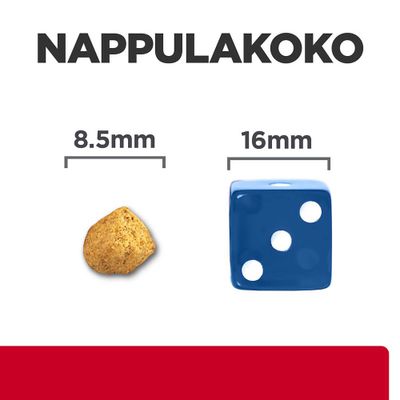 Vertailu nappulan koosta: nappula, jonka halkaisija on 8,5 mm, vieressä kuutio, jonka sivun pituus on 16 mm. Otsikko: NAPPULAKOKO.