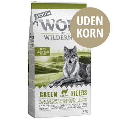 Wolf of Wilderness Senior Green Fields hundefoder 12 kg, UDEN KORN, 100% grain-free recipe, lots of fresh chicken meat & lamb, med frugter, rødder og vilde urter. SENIOR.