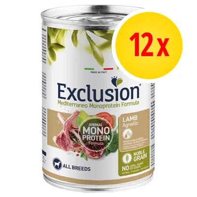 12 x Exclusion Mediterraneo Monoprotein Formula LAMB Agnello, Animal Mono Protein Formula, All Breeds, Noble Grain, No Corn Wheat Soy Added, Made in Italy. Testo in inglese e italiano.