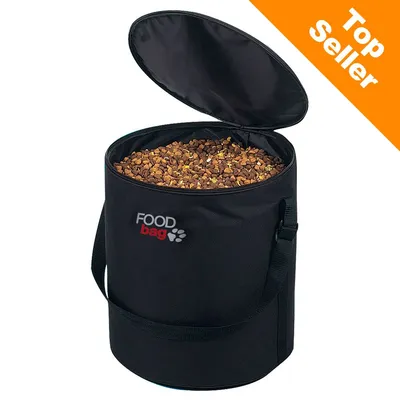 Black food storage bag with open lid, filled with dry pet food. Text on bag reads 'FOOD bag'. Orange corner banner says 'Top Seller'.