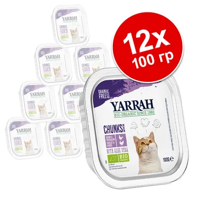 Yarrah Chunks with Aloe Vera для кошек, 12×100 г. На упаковке изображён кот и надписи: Grain Free Recipe, BIO Organic, Poultry & Dinde, 100 g.