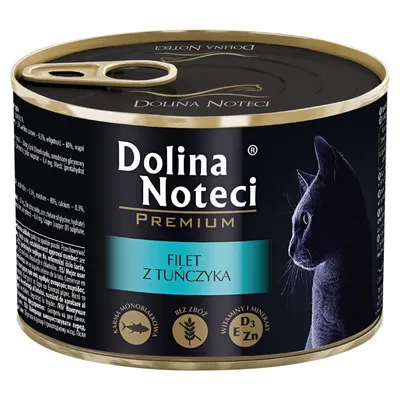 Dolina Noteci Premium cat food tin, visible text: FILET Z TUŃCZYKA. Image shows a cat silhouette and icons for fish, grain-free, vitamins D3 E Zn. Text in Polish.