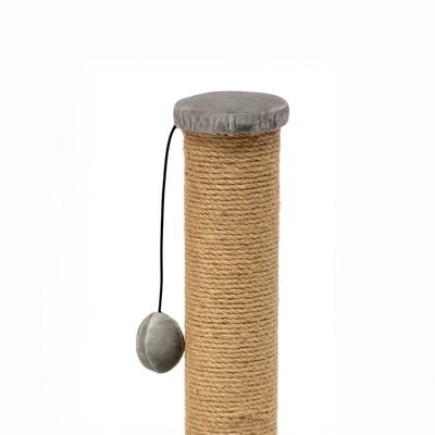 Kratzbaum mit Sisal-Säule, grauem Stoffbezug und hängendem Spielball.
