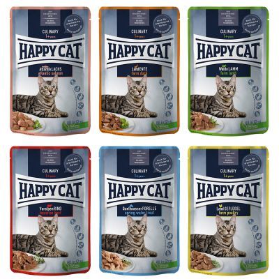 6 bustine di cibo per gatti Happy Cat, vari gusti visibili: Atlantic Lachs, Landente, Weide Lamm, Voralpen Rind, Quellwasser Forelle, Land Geflügel. Immagini di gatto e pezzi di carne su ogni confezione.