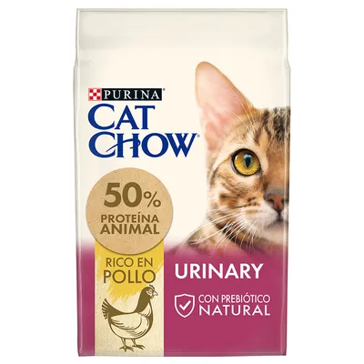 Purina Cat Chow Urinary, 50% proteína animal, rico en pollo, con prebiótico natural. Imagen de un gato y dibujo de una gallina visibles en el envase.