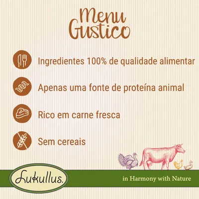 Menu Gustico: Ingredientes 100% de qualidade alimentar, apenas uma fonte de proteína animal, rico em carne fresca, sem cereais. Lukullus. Texto em inglês: in Harmony with Nature.