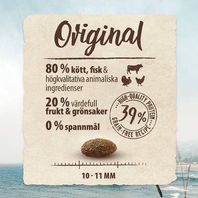 Original. 80 % kött, fisk & högkvalitativa animaliska ingredienser, 20 % värdefull frukt & grönsaker, 0 % spannmål. High-quality protein 39 %. Foderbit 10–11 mm.