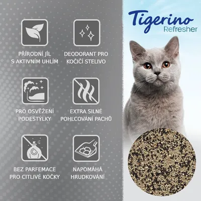 Tigerino Refresher. Přírodní jíl s aktivním uhlím, deodorant pro kočičí stelivo, pro osvěžení podestýlky, extra silné pohlcování pachů, bez parfemace, napomáhá hrudkování.